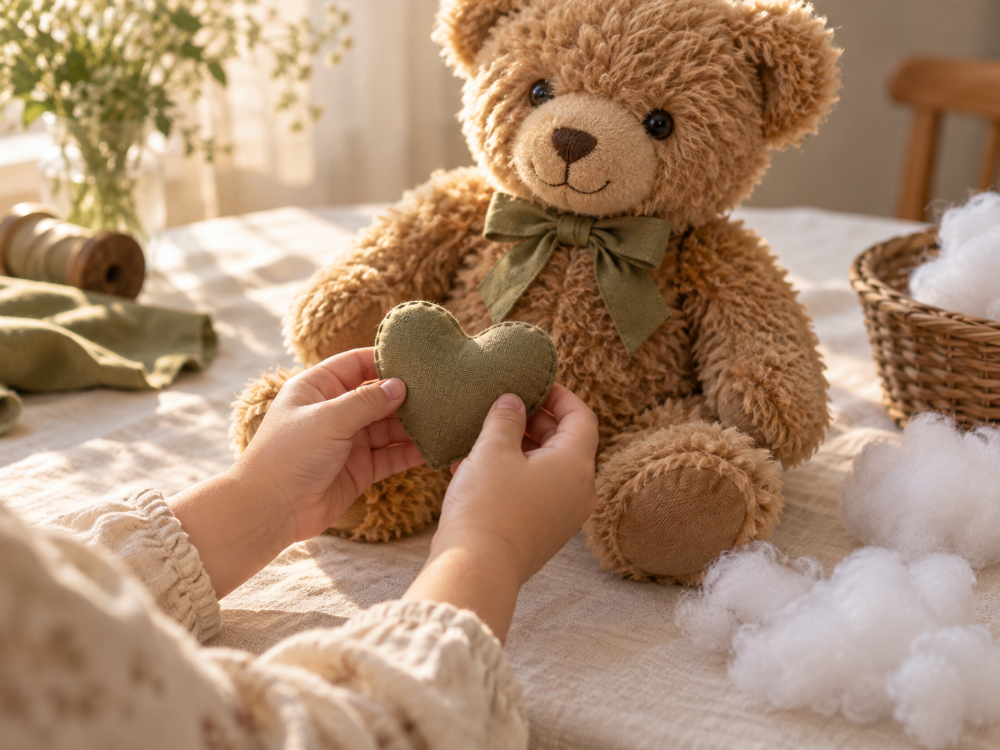 Small hands holding a fabric heart, ready to make a wish for a teddy bear